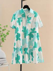 Cute Bohemian Style Allover Print Button Down Ruffle Hem Casual Top Elegant - Green - View 3