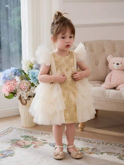 Baby Girls 0-3 Years Gold Embroidery Sequin Bow Elegant Princess Dress, Suitable For Infant Toddler 1st Birthday Party, Wedding Flower Girl Luxury Formal Gown