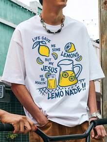 Men's Summer Fresh Lemon Element Print Casual Crew Neck Short Sleeve Top - White - View 3