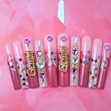 Handmade Long Square Press-On Nails, 3D Heart Rhinestone, Zodiac "Gemini" Accent Embellished, Pink Glitter Gradient Design, Luxury Y2K Astrology-Glam Nails For Women, Zodiac Party, Special Occasion Manicure Summer Easter - Màu Hoa hồng đỏ - Xem 9