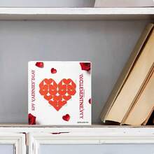 White Rectangular Decorative Wooden Box With Red Heart Pattern (Grid & Outline Hearts), Red Rose Petals & Partial Rose, Vertical Red Text 'KPI VALENTINES D&AY' & 'KYCLEMENTINE.VKY' - Festive Valentine's Day Romantic Decor Or Gift Box - White - View 2