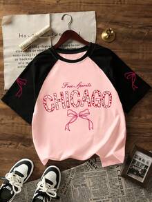 Girls' Casual Chicago Style Letter, Butterfly, Cherry Print Round Neck Short Sleeve T-Shirt, Black & Pink, Summer/Spring New Arrival - Pink - View 1
