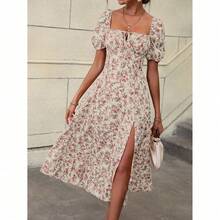 Women's Long Dress With Floral A-Line Print, Square Neckline, French Dresses With Split Hem - Elegant And Sexy - 淺粉色 - 查看 8