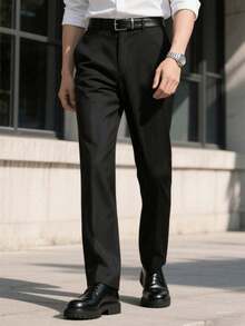 男士透气柔软直筒商务休闲裤，修身西装裤，宽松简约复古西装裤 - 黑色 - 查看 11