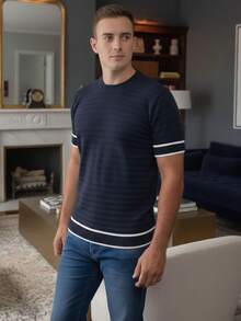 Basic Two-Tone Knit Shirt, Short Sleeve, Ribbed, Stylish Summer T-Shirt, Men's Blouse - Azul marino y blanco - Ver 1
