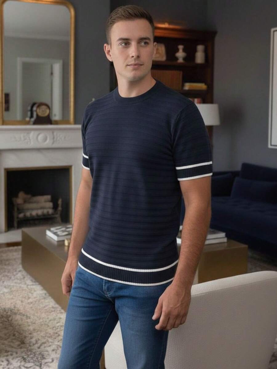 Basic Two-Tone Knit Shirt, Short Sleeve, Ribbed, Stylish Summer T-Shirt, Men's Blouse - Azul marino y blanco - Ver 1