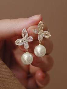 1 Đôi bông tai hình giọt nước thanh lịch đính đá Cubic Zirconia và ngọc trai giả, thích hợp làm quà tặng cho nữ nhân dịp Lễ Tình nhân, kỷ niệm ngày cưới hoặc phụ kiện dự tiệc. - Vàng - Xem 1