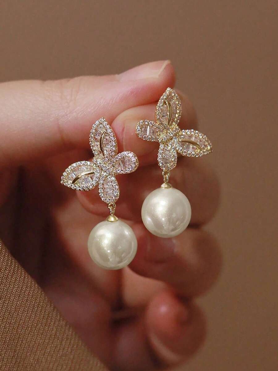 1 Đôi bông tai hình giọt nước thanh lịch đính đá Cubic Zirconia và ngọc trai giả, thích hợp làm quà tặng cho nữ nhân dịp Lễ Tình nhân, kỷ niệm ngày cưới hoặc phụ kiện dự tiệc. - Vàng - Xem 1