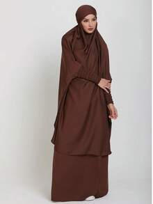 2pcs, 1pc Breathable Soft Fabric Khimar Hijab Paired With 1pc Elegant Versatile Abaya Dress, Suitable For Muslim Women's Daily Wear And Prayer, All Season