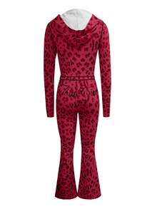 LovelyWholesale Women's Cute Hooded Long Sleeve Letter & Leopard Print Zip-Up Jacket And Flare Pants Set, Spring Break Outfit, Summer Vacation Wear - Red - View 5