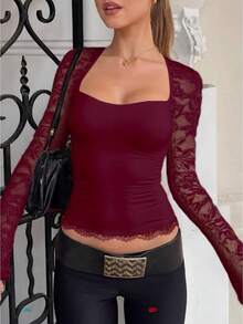 Women's Y2k Lace Patchwork Blouse Top Square Neck Long Sleeve Crop Tops Slim Fit T-Shirts Fall Casual See Through Going Out Tops Club Streetwear Fall Spring Basic Tops Fairy Aesthetic Clothes - 紅色 - 查看 1