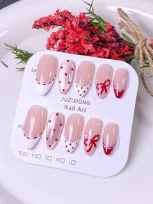 10片手工制作的按压式短指甲贴，波点美甲贴，法式美甲贴纸，棕色、红色、黑色、白色、粉色、蓝色美甲贴，可爱美甲贴，畅销手工五角星，3D瓢虫蝴蝶结装饰杏仁形美甲贴纸，适合女性和女孩，包含美甲工具 - 紅色 - 查看 7