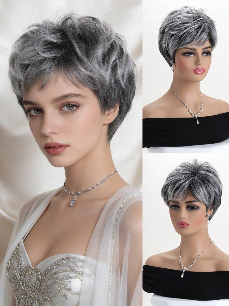 1顶女士时尚短卷发假发，耐热合成纤维，自然蓬松造型，带假发帽 - 彩色 - 查看 1