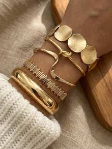 5件套复古夸张几何多层缠绕式开口手镯套装，适合女性日常及派对佩戴，礼品 - 金色 - 查看 3