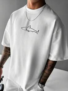 Men's Casual Simple Shark Print Drop Shoulder Loose T-Shirt - White - View 3
