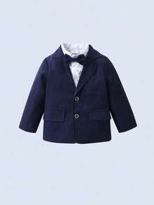 3pcs Young Boys Gentleman Outfit - White Long Sleeve Shirt With Bow Tie, Suspender Pants, And Navy Blue Suit Jacket, Fashionable & Outfit For Birthday Party, Wedding, Ring Bearer, Formal Occasions - Navy Blue - View 3