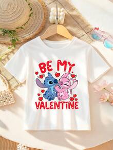 Disney Valentine's Day Stitch And Angie Alphabet Cartoon Print Girls' T-Shirt - Children's Clothing Design Short-Sleeve Casual Cute Style Comfortable And Relaxed Suitable For Boys And Girls, Perfect For Parties And Play Machine Washable Gift Children's Clothing Girls' Short-Sleeve Shirt - White - View 1