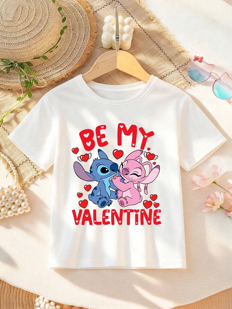 Disney Valentine's Day Stitch And Angie Alphabet Cartoon Print Girls' T-Shirt - Children's Clothing Design Short-Sleeve Casual Cute Style Comfortable And Relaxed Suitable For Boys And Girls, Perfect For Parties And Play Machine Washable Gift Children's Clothing Girls' Short-Sleeve Shirt - White - View 1