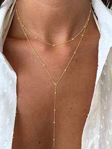 1pc Long Y-Shaped Chain Necklace With Round Beads, Suitable For Daily Wear And Gift-Giving (Handmade Chain Cut To Appropriate Length, Bead Quantity May Vary)