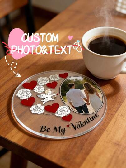 1pc Custom Valentine's Day Coaster, Personalized With Photos&Text, Heart & Cupid Elements, Couple Portrait Themed Design, Practical Unique & Sweet, Suitable For Chic Gift For Her/Wedding Anniversary Keepsake/Couple Present, Ideal For Couples/Newlyweds/Lovers, Perfect For Valentine's Day Celebrations