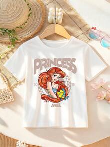 Disney Princess Ariel Alphabet Print T-Shirt For Girls - Children's Clothing Design Short-Sleeve Casual Cute Style Comfortable And Relaxed Fit For Boys And Girls Perfect For Parties And Play Machine Washable Gift-Wrapped Children's Apparel Girls' Short-Sleeve Shirt - White - View 1