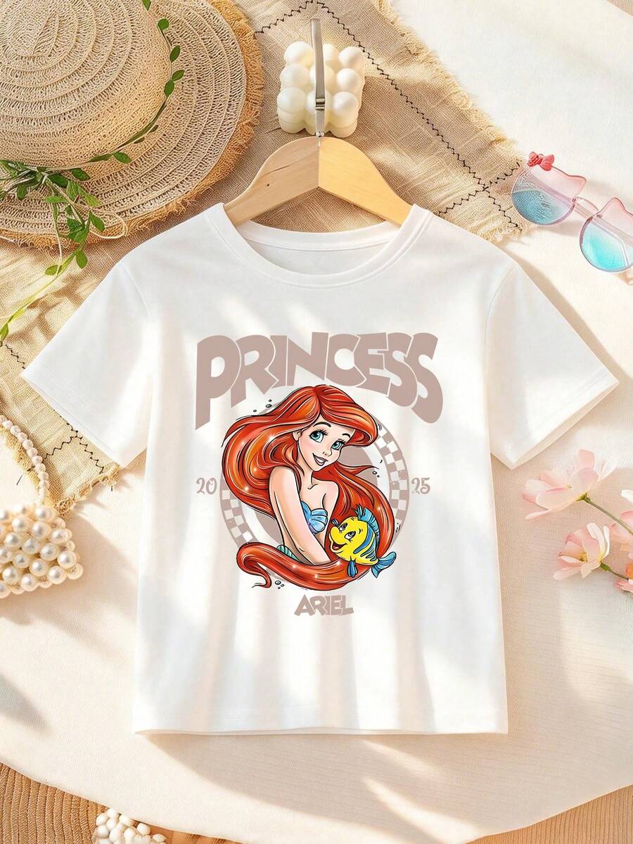 Disney Princess Ariel Alphabet Print T-Shirt For Girls - Children's Clothing Design Short-Sleeve Casual Cute Style Comfortable And Relaxed Fit For Boys And Girls Perfect For Parties And Play Machine Washable Gift-Wrapped Children's Apparel Girls' Short-Sleeve Shirt - White - View 1