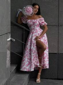 Đầm maxi cổ yếm/trễ vai in hoa màu hồng hiệu Solstice Apparel, tay phồng, eo thắt, xẻ tà, phong cách lãng mạn Pháp, hoàn hảo cho đi làm hàng ngày, đi chơi và du lịch, đầm đa năng mùa xuân hè thanh lịch - Hồng - Xem 6