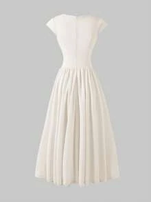 优雅简约时尚休闲复古喇叭短袖纯色褶皱拉链长连衣裙，适合晚宴、度假、上学、办公、海滩、夏季等场合。 - 杏色 - 查看 8