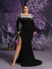 Faeriesty 大码女士黑色长袖鱼尾连衣裙，珍珠点缀镂空设计，高开衩剪裁 - 优雅正式的冬季派对、晚宴、婚礼宾客及鸡尾酒会礼服 - 黑色 - 查看 2