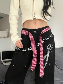 1pc Vintage Striped Waist Belt For Women, Japanese Style, British School Uniform Inspired Striped Knit Tie, Party Costume Accessory, Shirt Decoration, Birthday Surprise, Christmas Gift For Family And Friends, Valentine's Day Gift, Shiny Belt, Summer Outfit Accessory, Dance Prop - Multicolor - View 2