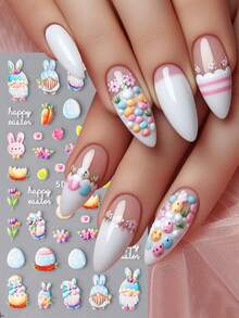 2 piezas Pegatinas de arte de uñas de 5D con huevos de Pascua y conejos de dibujos animados, pegatinas decorativas de huevos de Pascua y conejos de colores para celebración de Pascua, decoraciones de uñas con láminas de Pascua, suministros para uñas - Multicolor - Ver 2