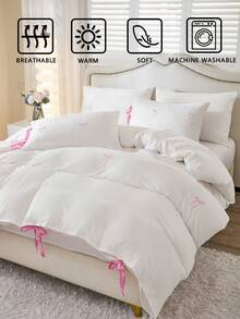 2pcs/3pcs White Solid Color Duvet Cover Set With Pink Embroidered Bow And Bottom Bow Ties, Includes 1 Duvet Cover And 2 Pillowcases Without Insert, Suitable For Room Decoration, Daily Polyester Fiber, Soft And Skin-Friendly, Indoor Bedroom, Master Bedroom, Guest Room, Secondary Bedroom, All-Season Use, Bow Detail Bedding, Romantic Decor, Girly Aesthetic, Affordable Luxury, Trending Home Styles - Multicolor - View 7