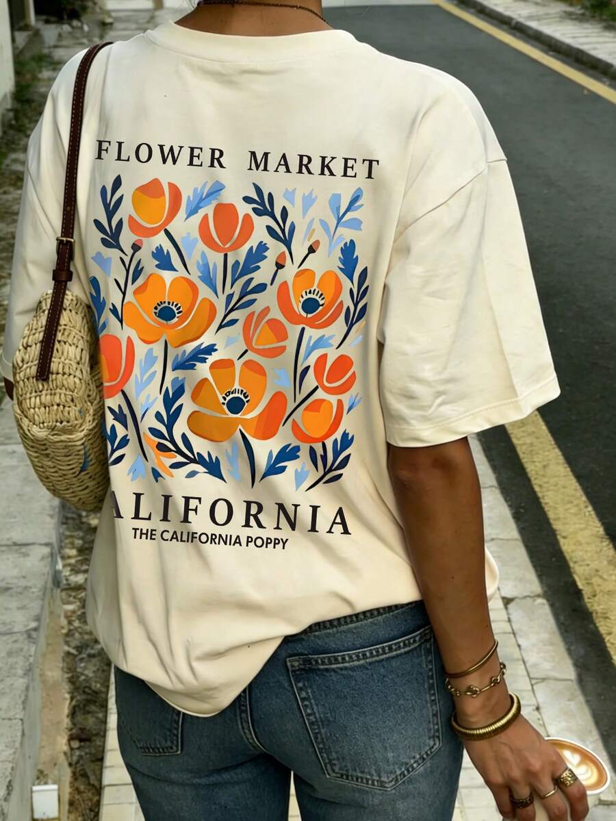 Camiseta de manga corta de cuello redondo con estampado floral naranja y azul de California, de diseño de moda y versátil para mujer