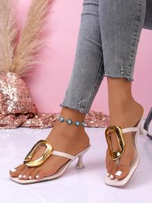 Sandálias Deslizantes Elegantes de Salto Baixo Francesas para Mulheres, Moda de Verão de Alta Qualidade Adequada com Vestidos, Saltos Altos, Praia, Fivela de Strass - Bege - Visão 6