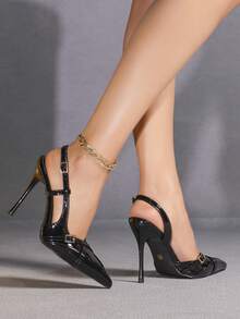 女士黑色优雅简约个性化约会休闲法式时尚高跟鞋 - 黑色 - 查看 3