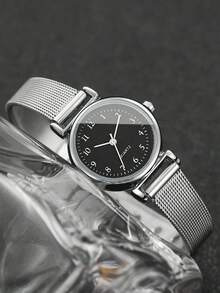 4pcs Women's Elegant Quartz Watch Set (Including Silver Mesh Band Black Dial Quartz Watch, Full Diamond Silver Bracelet, Single Diamond Necklace, Single Diamond Ring And Earrings) - Silver - View 5