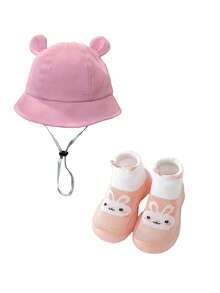 2Pcs Baby Bucket Hat & Silicone Anti-Slip Socks Set - 6-36M Unisex Cute Ears Drawstring Windproof Sun Protection Black Pink - Multicolor - View 10