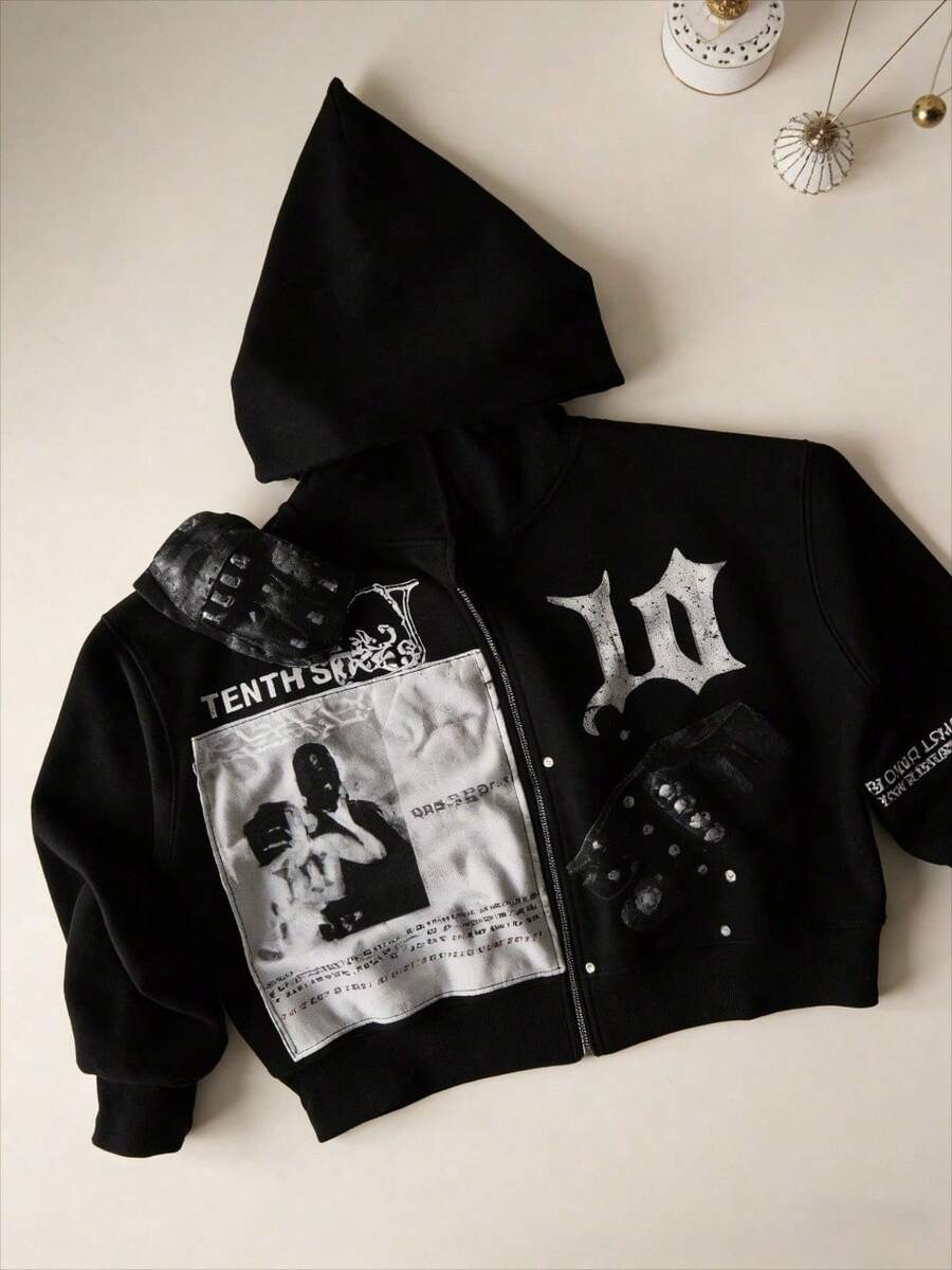 Men's Hooded Zip-Up - Star Pattern Streetwear Jacket, Unisex Cropped Oversized Casual Sweatshirt - 黑色 - 查看 1