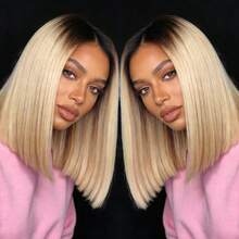 Ombre Blonde Short Bob Wig 200% Density Short Straight Lace Front Wigs Human Hair Ombre Ash Blonde Straight Lace Front Wig For Women Glueless 13x4 HD Lace Front Wig With Baby Hair Dark Roots Blonde Wig For Daily Wear Christmas New Year's Party Wig - 漸層金髮 - 查看 10