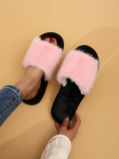 Women's Fluffy Open Toe Slippers, Comfortable, Lightweight, Quiet, Fashionable, Elegant Indoor/Outdoor Warm Slippers