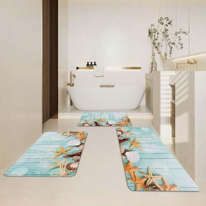 3pcs Set Bathroom Rug Set, Starfish Carpet, Bathroom Decoration Carpet, Easy To Clean, Suitable For Bedroom, Suitable For Friends Who Like Ocean Style
