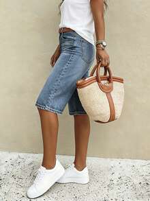 Quần short denim ống đứng cạp thấp dáng suông dành cho nữ: Kiểu dáng rộng rãi thời trang, quần short ống rộng dài đến đầu gối đa năng. - Rửa tối - Xem 4