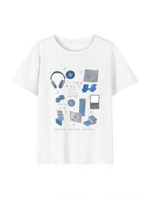 Women's Casual Letter Print Round Neck Drop Shoulder Short Sleeve Loose T-Shirt, Summer - White - View 6