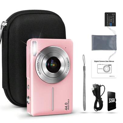 STUOGYUM 44MP 1080P High Definition Digital Camera, 16X Digital Zoom, Suitable For Vlogging, 2.4" LCD Display, Rechargeable, Professional Photography Camera For Teens And Beginners, Includes 32GB Memory Card And Camera Case, Supports Photo, Video And Webcam Functions, Ideal Gift For Thanksgiving, Christmas And New Year (Black, Pink, Green)