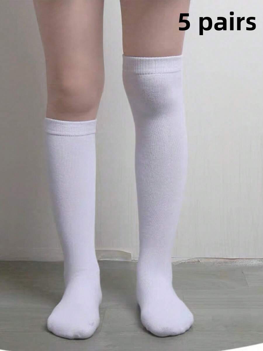 5 Paar Kinder Socken ohne Ferse mit geradem Schaft, Kniestrümpfe für Jungen & Mädchen, Überknie-Socken, weiße Mittelhosen-Socken für Schüler, Schuluniform Socken, Outdoor-Sport Fußballsocken, geeignet für Frühling, Sommer, Herbst - Weiss - Übersicht 1