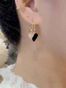 1 Pair Elegant Heart Shaped Pendant Earrings - Unique Minimalist Design For Women, Suitable As Valentine's Day Gift - 黑色 - 查看 2