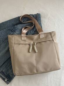 Bolso de mano versátil y de moda de unicolor, bolso de hombro minimalista casual con textura y color de contraste - Caqui - Ver 7