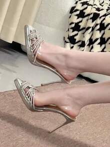 10cm High Heel Pointed Toe PVC Transparent Rhinestone Sandals, Summer 2026 New Backless Wedding Party Shoes For Women - Silver - View 4