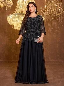 UNITHORSE [Random Print] Plus Size Women Round Neck Sequin Fitted Chiffon Evening Dress Wedding Party Black, Formal Gown Fall - Black - View 3