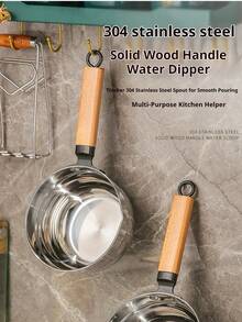 1pc 304 Stainless Steel Water Dipper With Wooden Handle, , Anti-Drop, Large Capacity Ladle For Kitchen, Garden, Commercial Use, 14cm/16cm/18cm - Silver - View 3